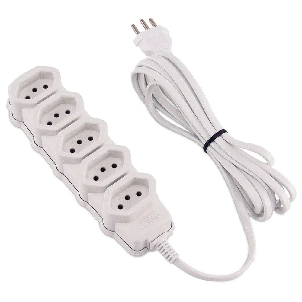Extensão eletrica 5 metros 5 Tomadas Tripolar Bivolt Branca resistente - Force Line 3