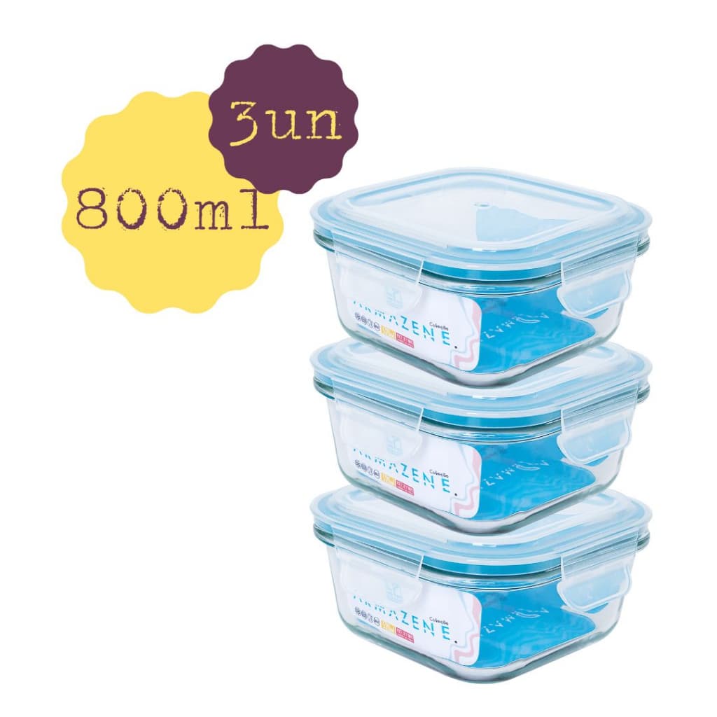 03 Potes De Vidro herméticos c/ Travas 800ml P/ Marmita Microondas Freezer  Fitness Trabalho