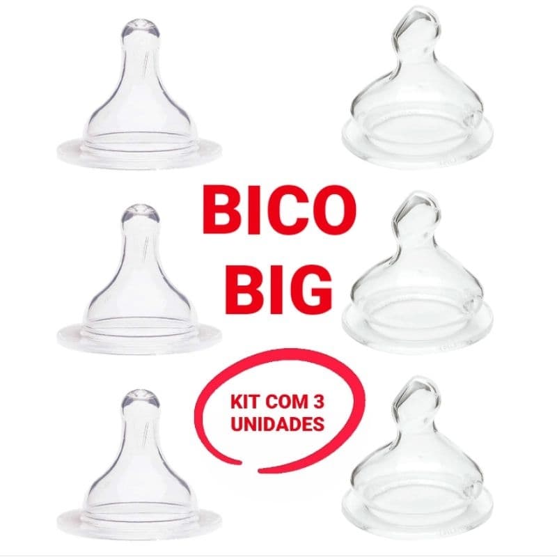 kit com 3 Bico de Mamadeira Big Redondo ou Ortodôntico