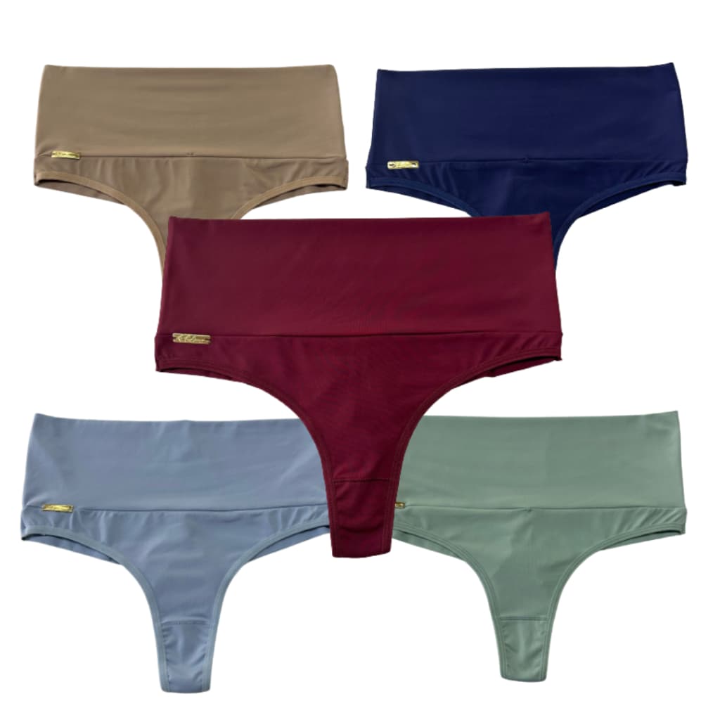 Kit 5 Calcinhas Yasmin Fio Duplo Microfibra Cós Alto Fio Duplo Modeladora Segura Barriga