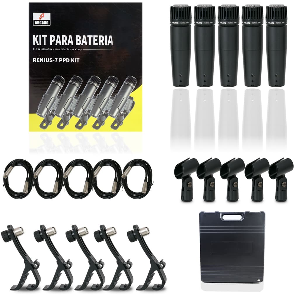 Kit com 5 Microfones Dinâmicos Arcano Renius-7 PPD Kit XLR Tamanho Reduzido