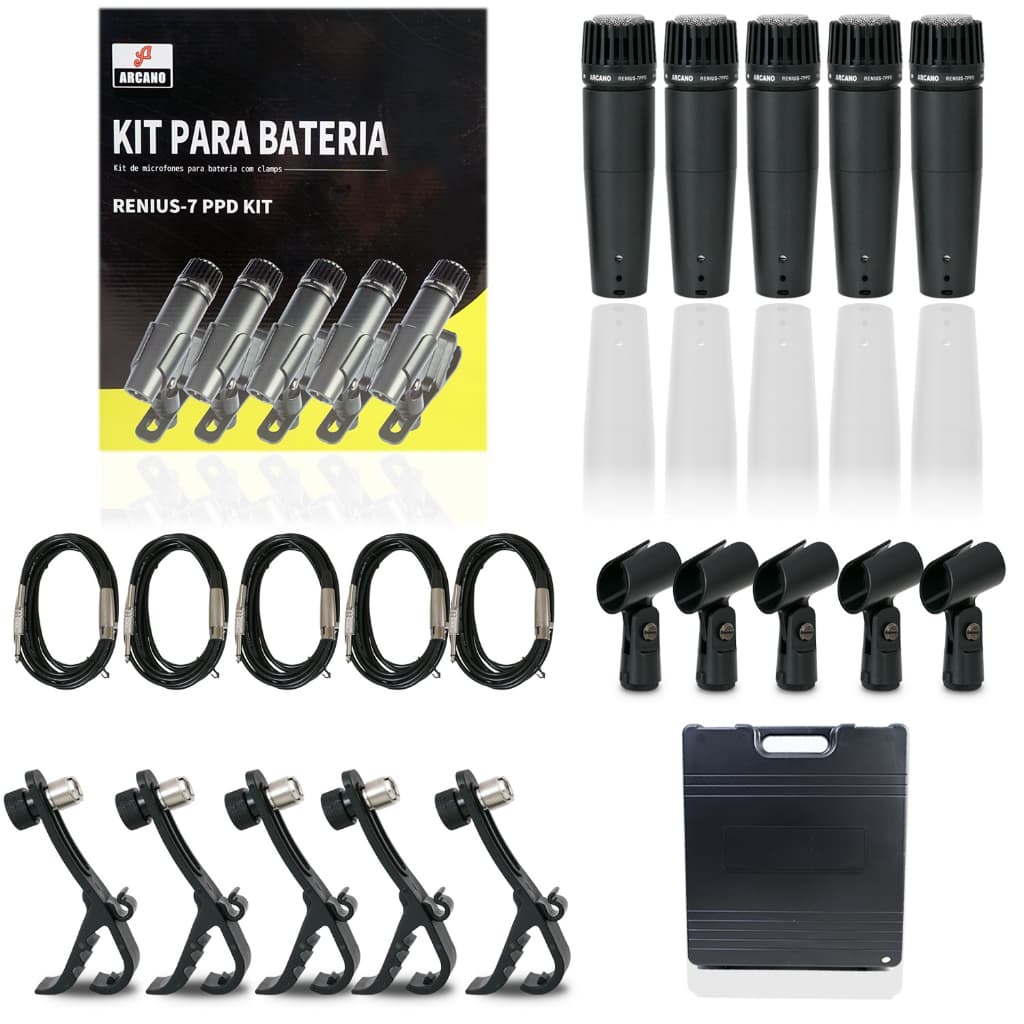 Kit com 5 Microfones Dinâmicos Arcano Renius-7 PPD Kit P10 Tamanho Reduzido