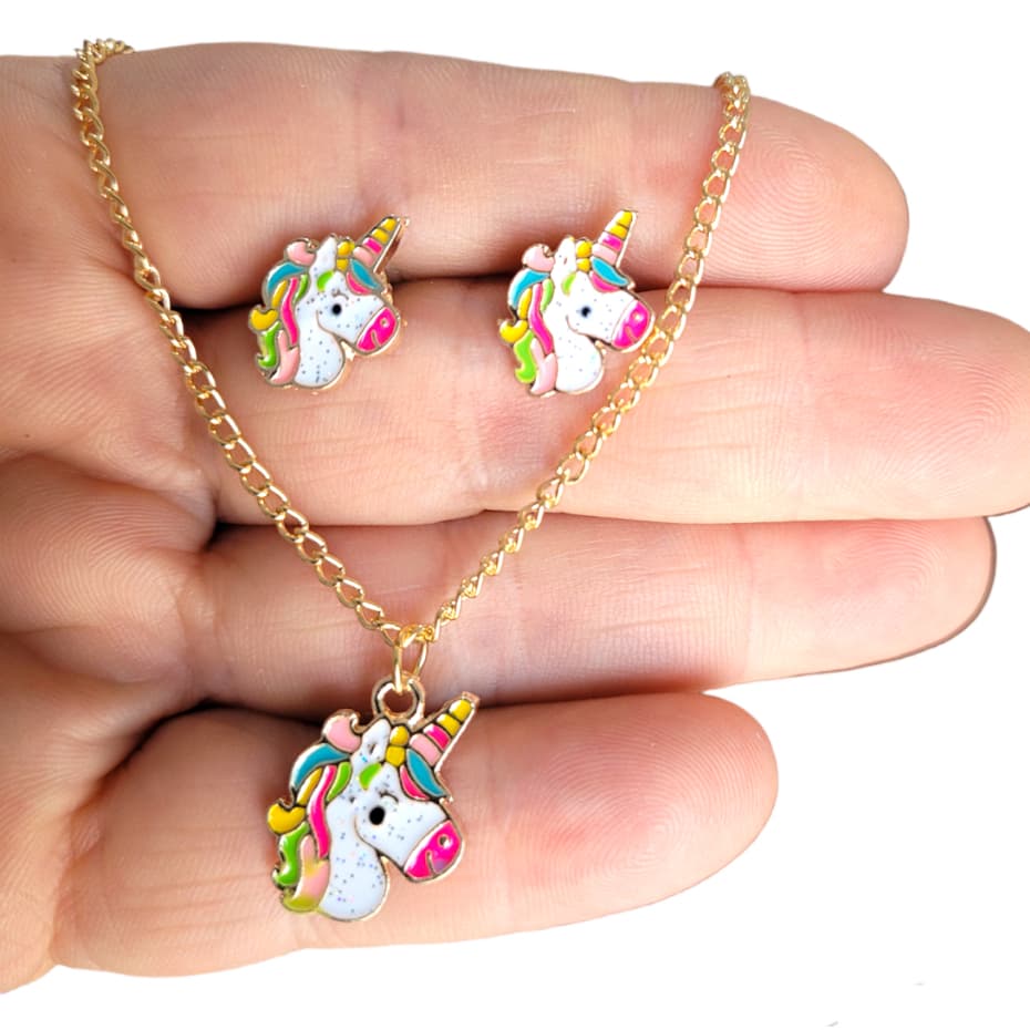 Conjunto Infantil Colar Brinco Unicórnio Bijuteria Corrente