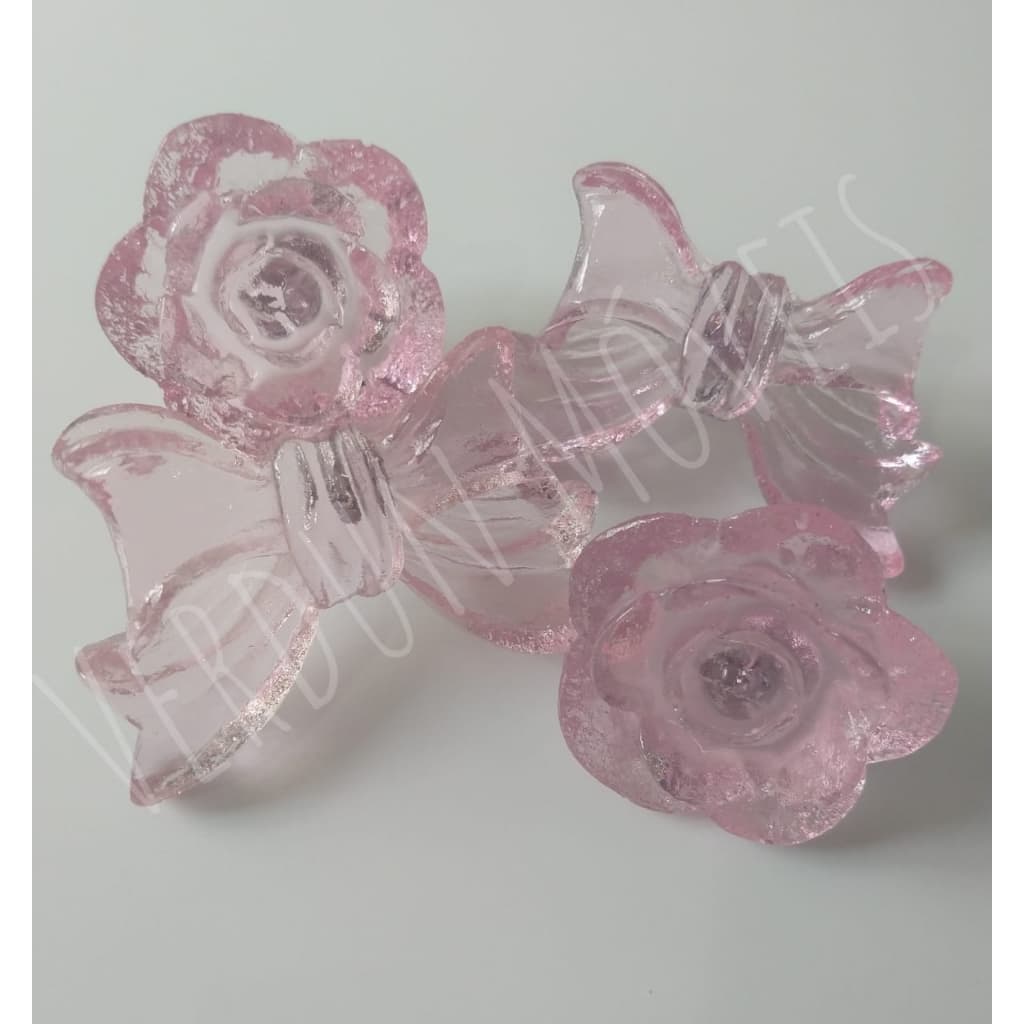 Kit 6 Puxadores 2 Flor e 4 Laço para Penteadeira Infantil Cômoda Quarto Artesanato Resina Transparente
