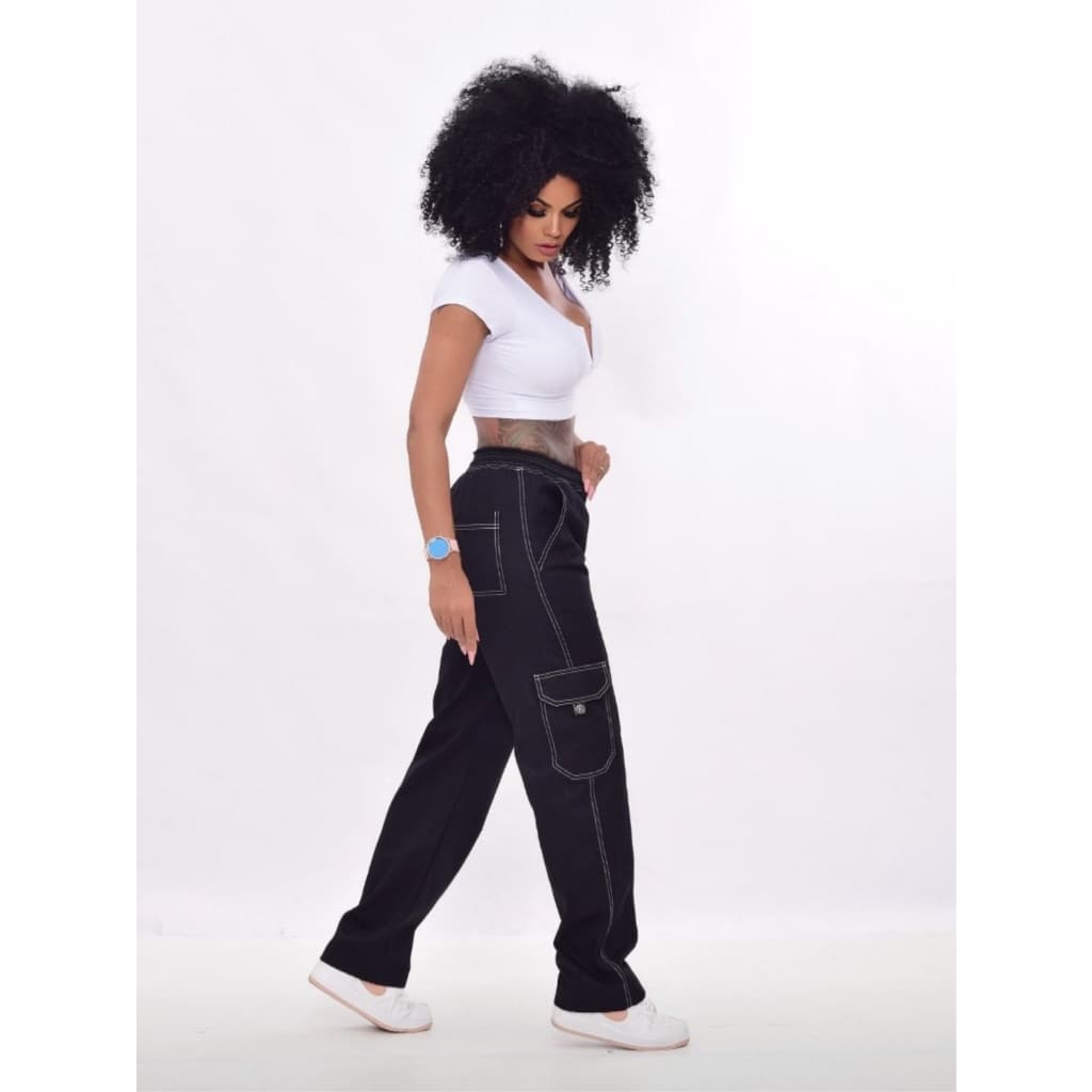 Calça  Cargo Skate Sarja Bolso Lateral Larga Unissex
