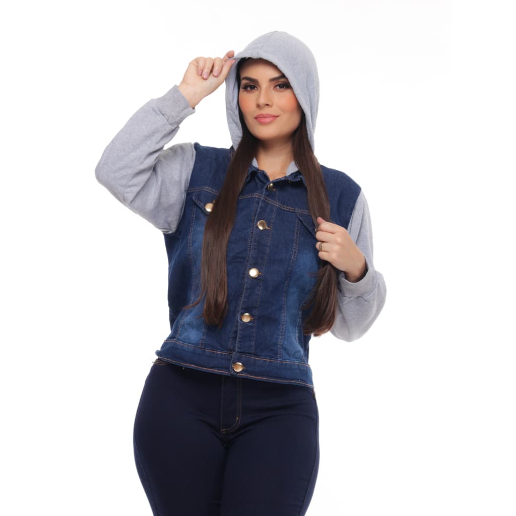 Jaqueta  Feminina Jeans Manga Moletom Com Capuz REF253