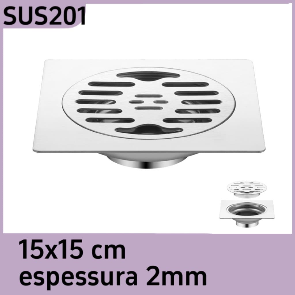Ralo Inox Grelha Quadrado 15x15cm 2MM Espessura Drenagem Anti Inseto/ Odores Com Filtro Aço SUS201
