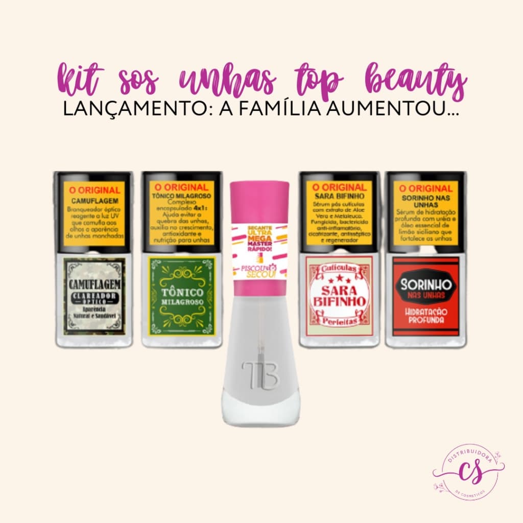 Kit SOS Unhas com Base Camuflagem + Tônico Milagroso + Sara Bifinho + Sorinho Hidratante + Piscou Secou - Top Beauty