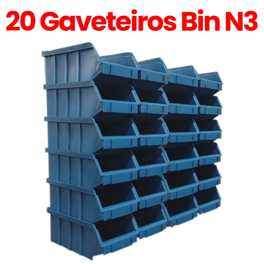 Kit 20 Caixa Bin 3 Gaveta Gaveteiro Azul Organizador Plástico