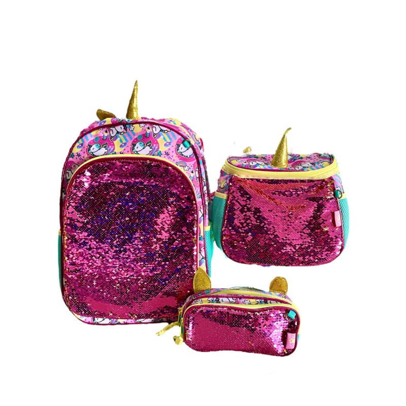 Kit Mochila Escolar de rodinhas + lancheira térmica + estojo Infantil UNICÓRNIO 2023 - CHENSON