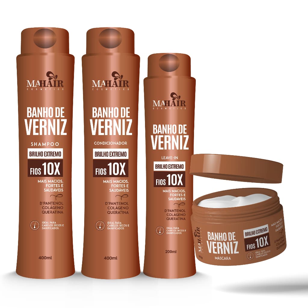Kit Capilar Banho de Verniz Mahair brilho intenso shampoo condicionador mascara creme de pentear