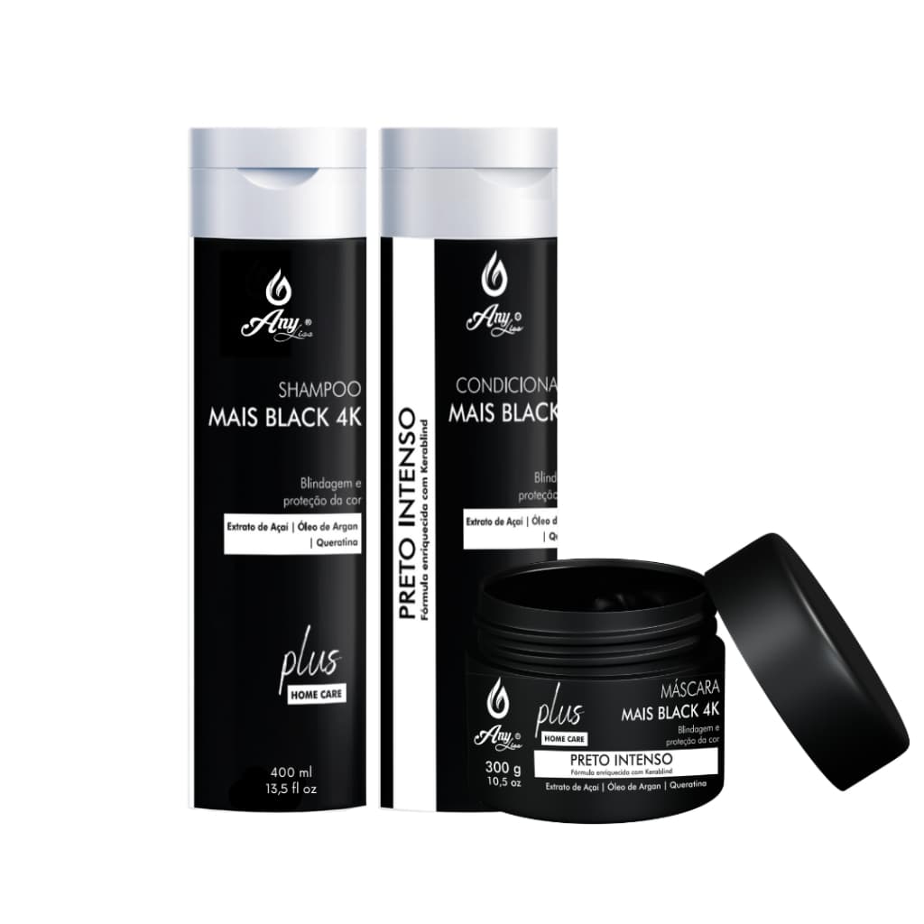 Kit Capilar Matizador Cabelo Preto Mais Black Any Liss Shampoo, Condicionador e Máscara Mais Black anyliss