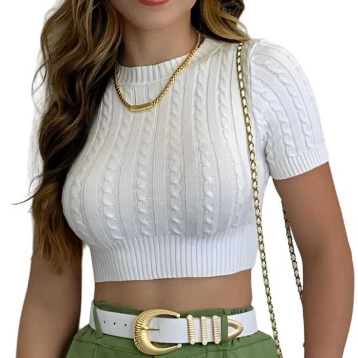 Blusa Feminina Cropped Manga Curta Blusinha de Tricô Tranças Moda Verão