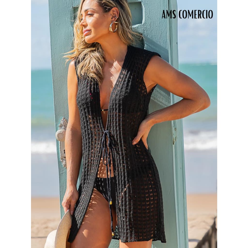 Saida de Praia Curta Tricot Kimono Vazado Tendencia Verão CURTA
