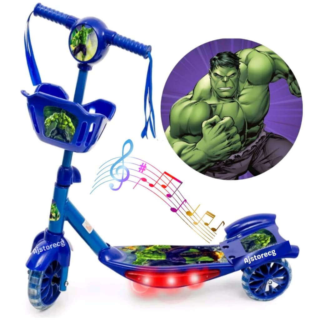 Patinete azul Hulk Musical 3 Rodas Ajustável 70 cm + Surpresa envio imediato para todo Brasil