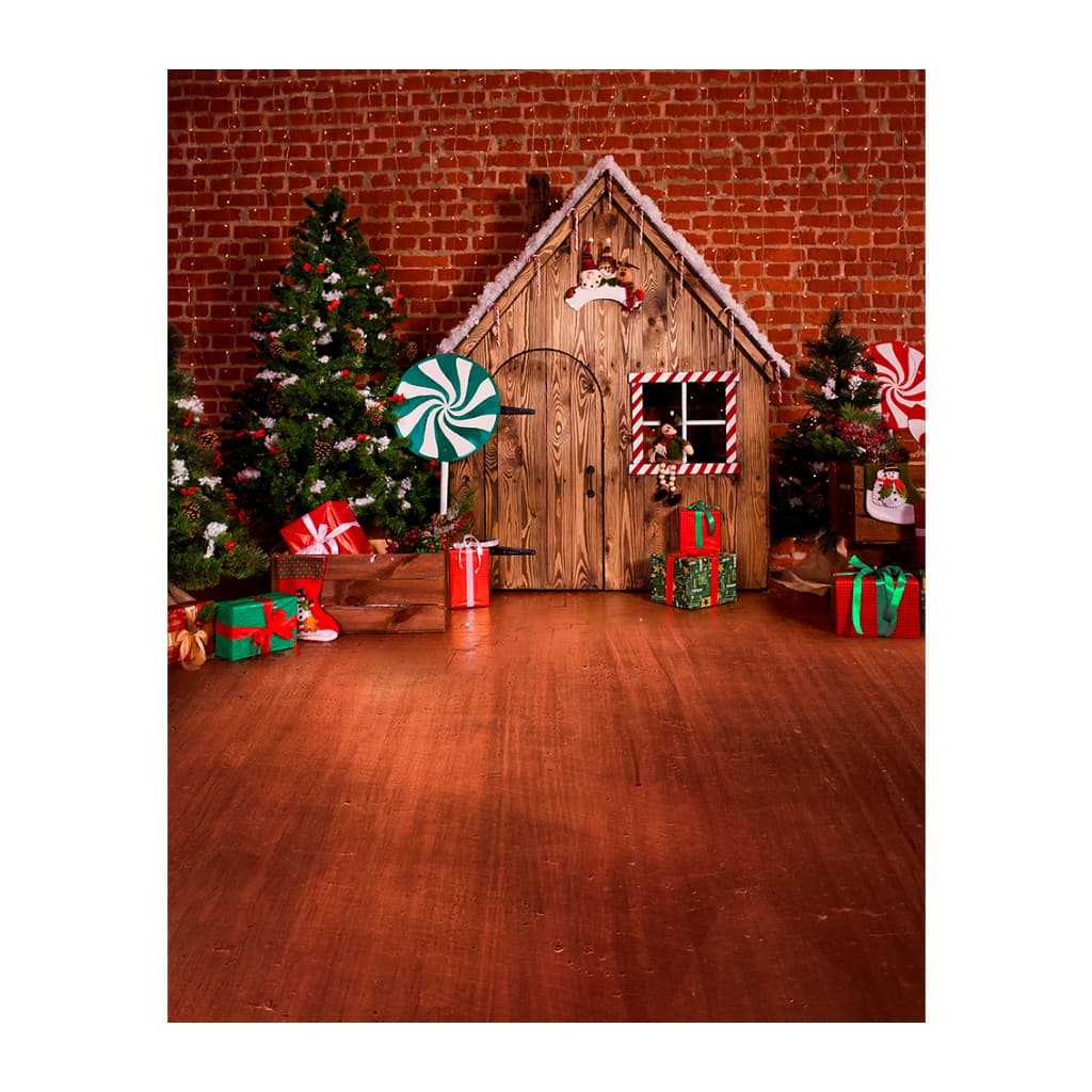 Fundo Fotográfico 2x1,60mts LxA em malha Sublimada Natal Casa DOCES PIRULITOS VERTICAL tijolinho