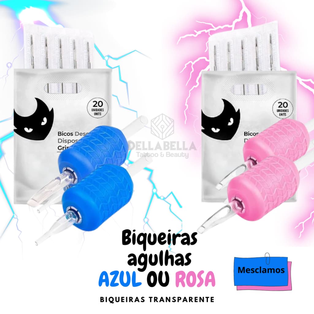 KIT 10 ou 20 Biqueiras Azul ou Rosa Transparente 10 ou 20 Agulhas ASTON Para RL, RS, RM, M