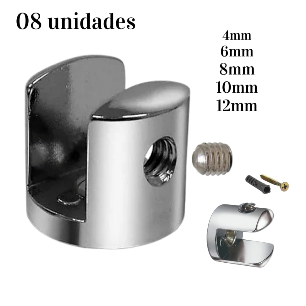 KIT 08 Suporte Fenda para Prateleiras de Vidro em Metal Cromado - VARIOS TAMANHOS