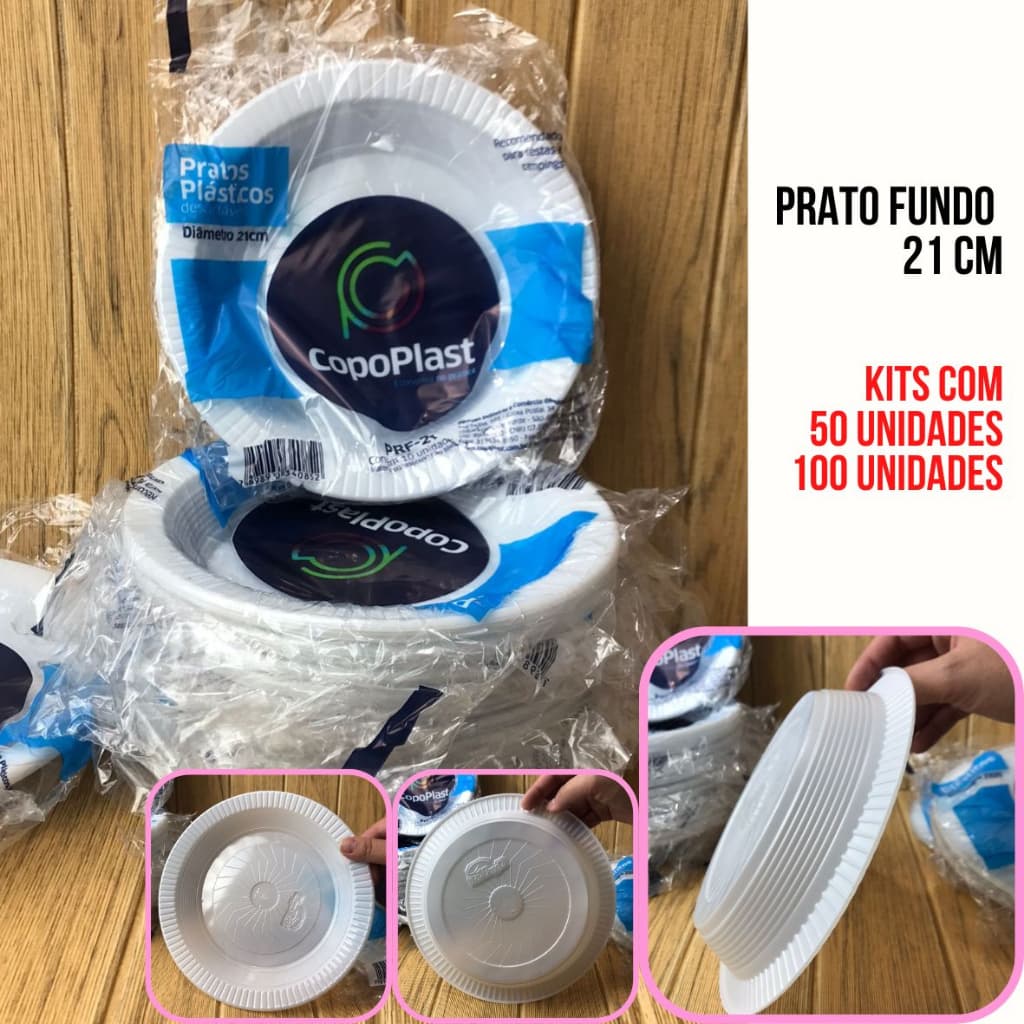 Prato Descartável Refeição 21 cm Fundo - Kits com 100 e 50 unidades