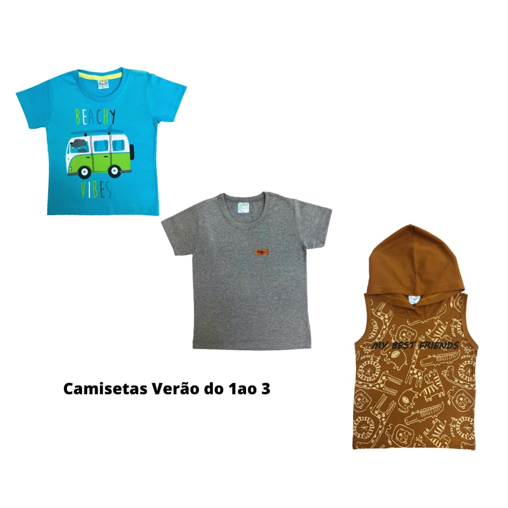 Kit 3 peças Camisetas e Regata Infantil Menino Verão 1 ao 14