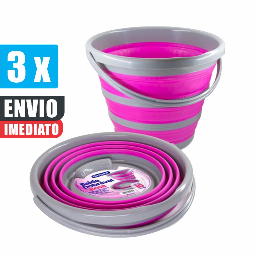 Kit 3 Balde Dobrável Retrátil 10 Litros Silicone Rosa Original c/ Nota Fiscal