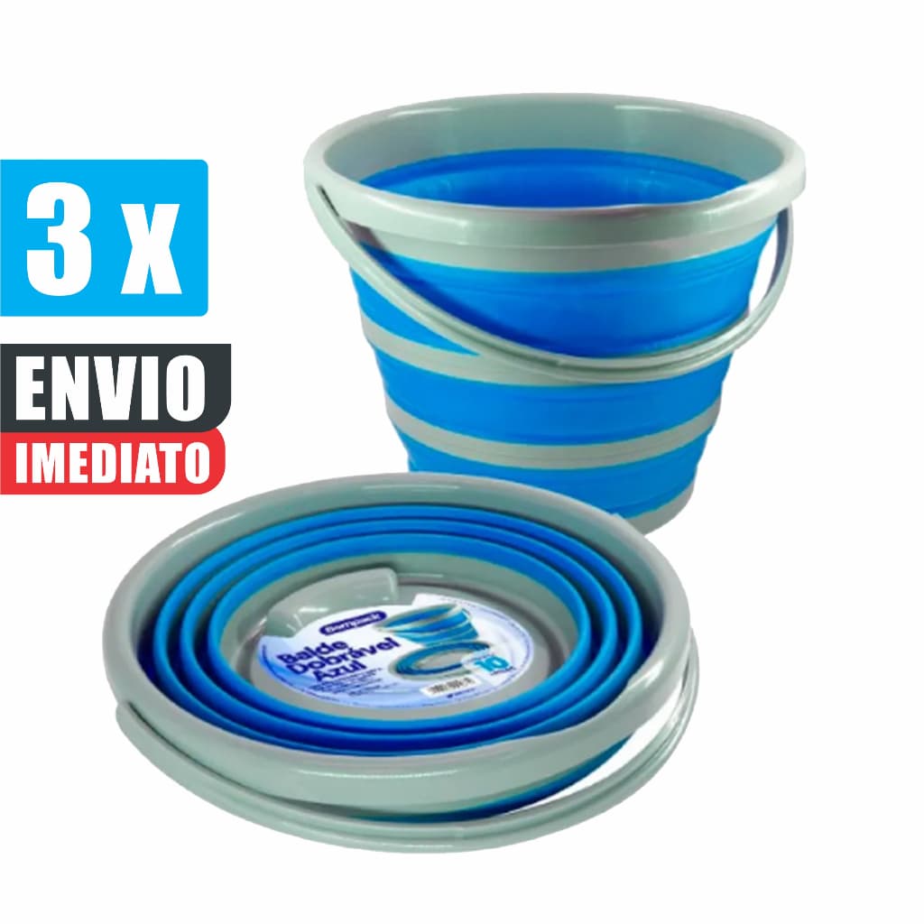 Kit 3 Balde Dobrável Retrátil 10 Litros Silicone Azul Original c/ Nota Fiscal