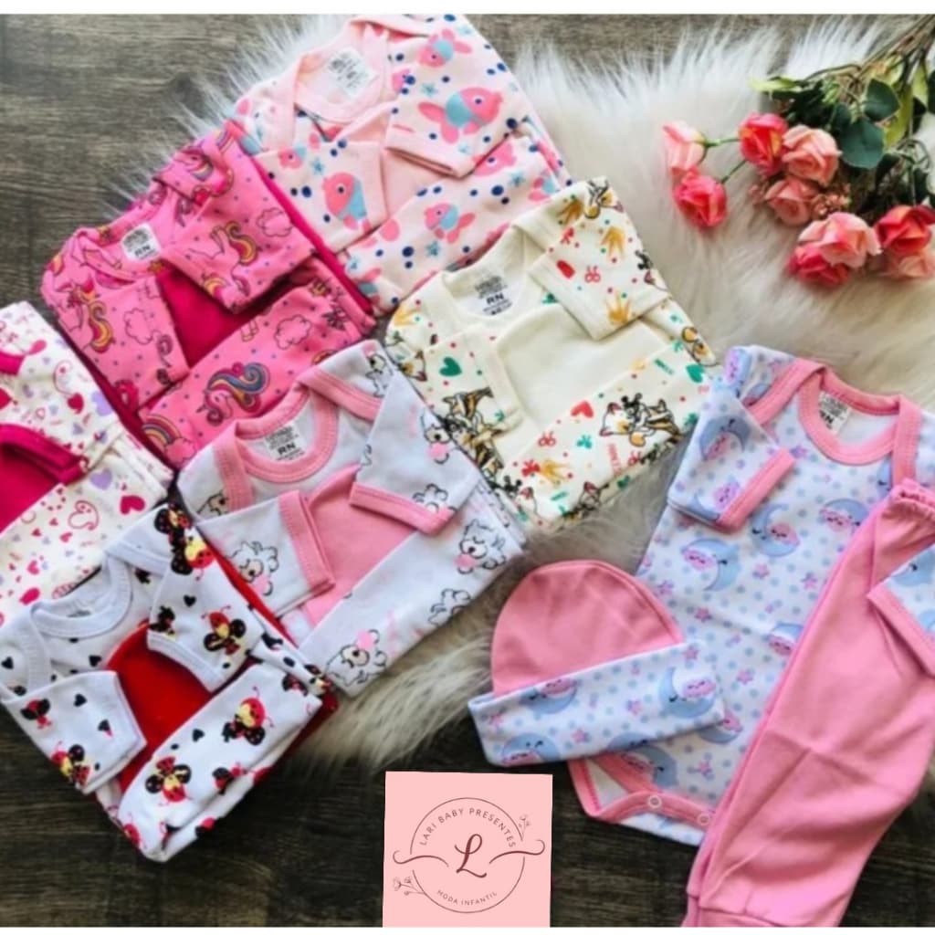 Conjunto bebe menina RN a M - kit 3 peças sortido: 1 body manga longa estampado, 1 calça/mijão e 1 touca