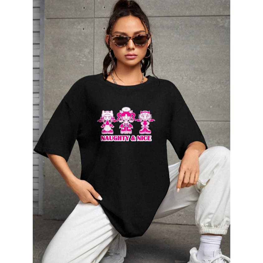 Camiseta Naughty And Nice Anime Bonequinhas Oversized Manga Curta Casual Fun