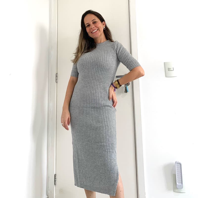 Vestido Feminino Midi De Tricô Nude Cinza