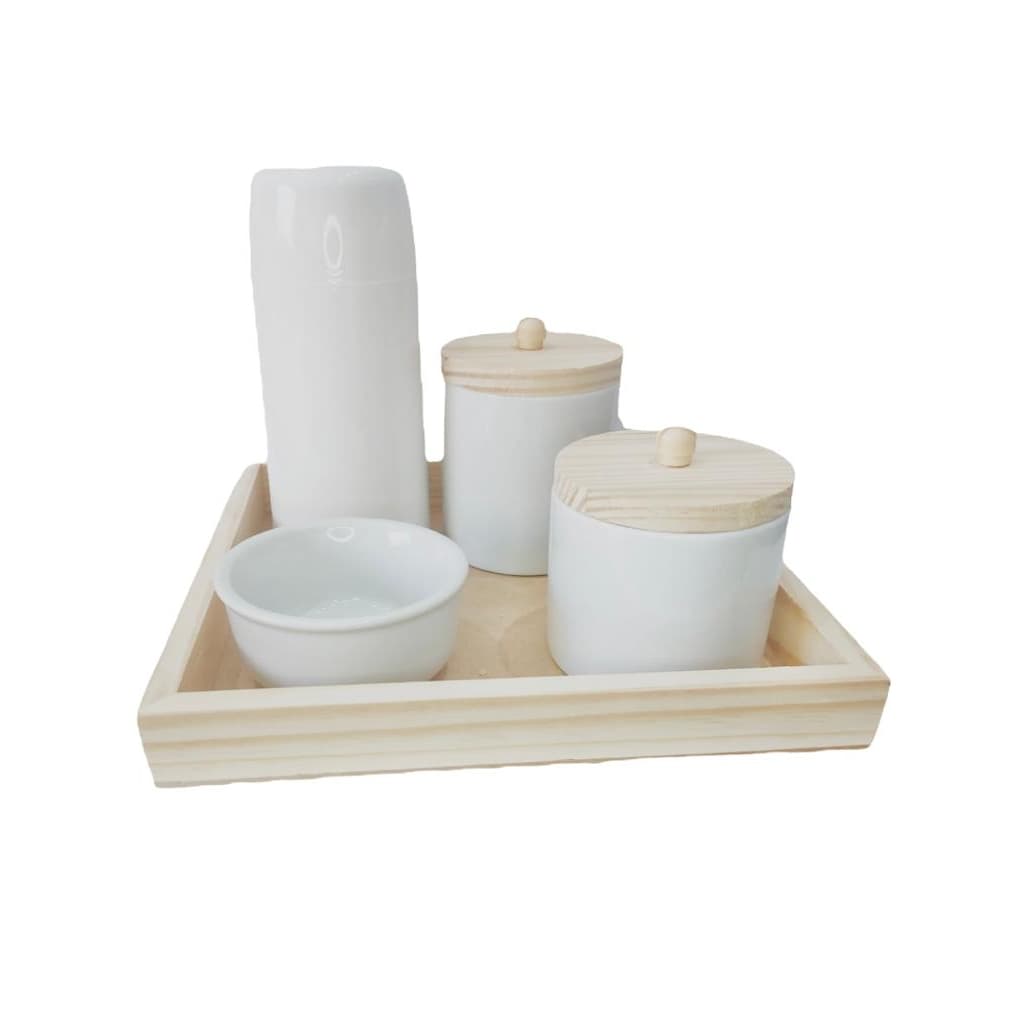 Kit Higiene Bebe Porcelana Branco Gelo 5 Peças Mini Garrafa Térmica Potes com Puxador Molhadeira Decoração