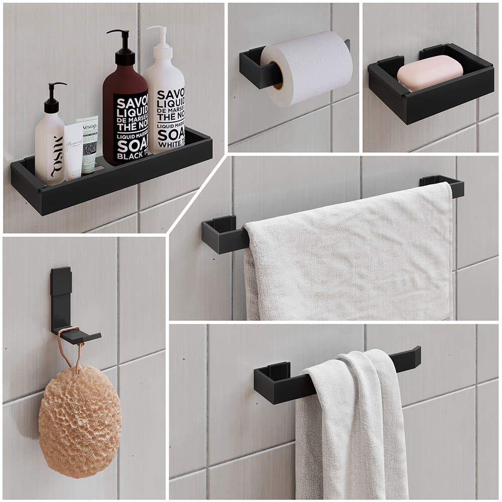 Kit Acessórios Para Banheiro Lavabo 6 Peças Porta Toalha Papel Sabonete Shampoo Decoração Prateleira Banheiro Preto Inox Branco Rose Dourado