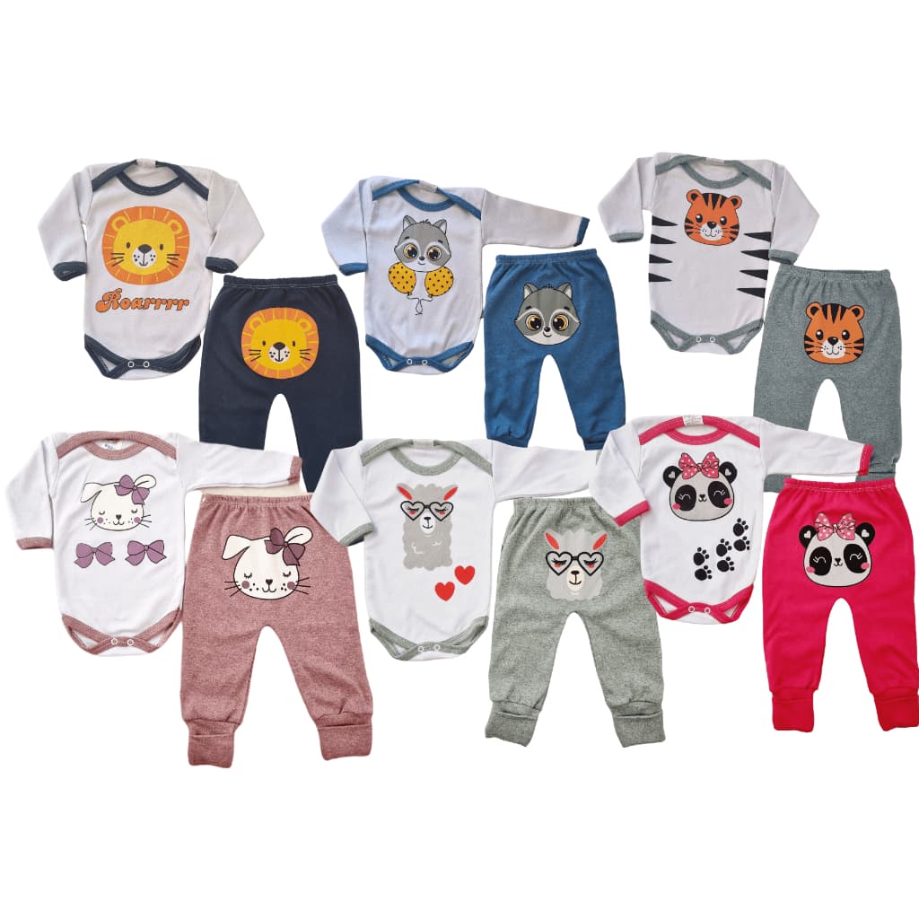 Conjunto Body Bebê Com Desenho Manga Longa e Calça Mijão Vira Pé Enxoval Menino Menina