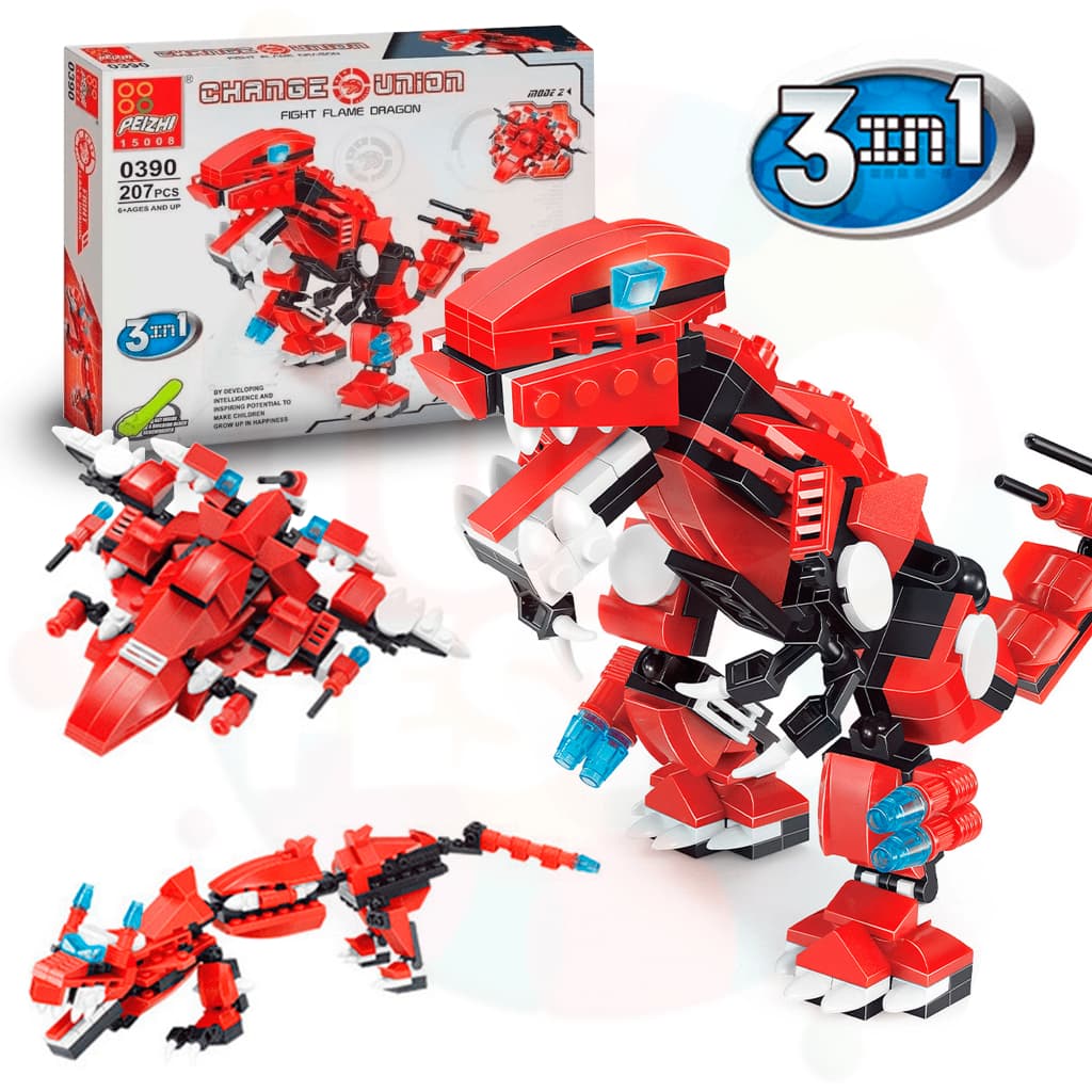 Brinquedo Blocos de Montar Construção 3 em 1 Tipo Transformer Robô Dinossauro Jurássico Colecionável