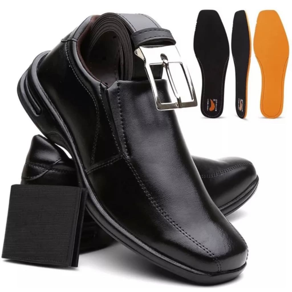 Kit Sapato Social Masculino Ortopédico de Couro com Palmilha Gel Sola Antiderrapante + Cinto e Carteira