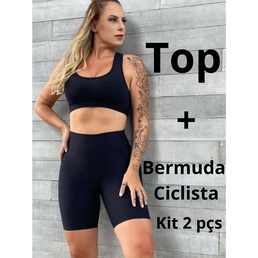 Conjunto Academia Top e Bermuda Ciclista Suplex Fitness do P ao G1