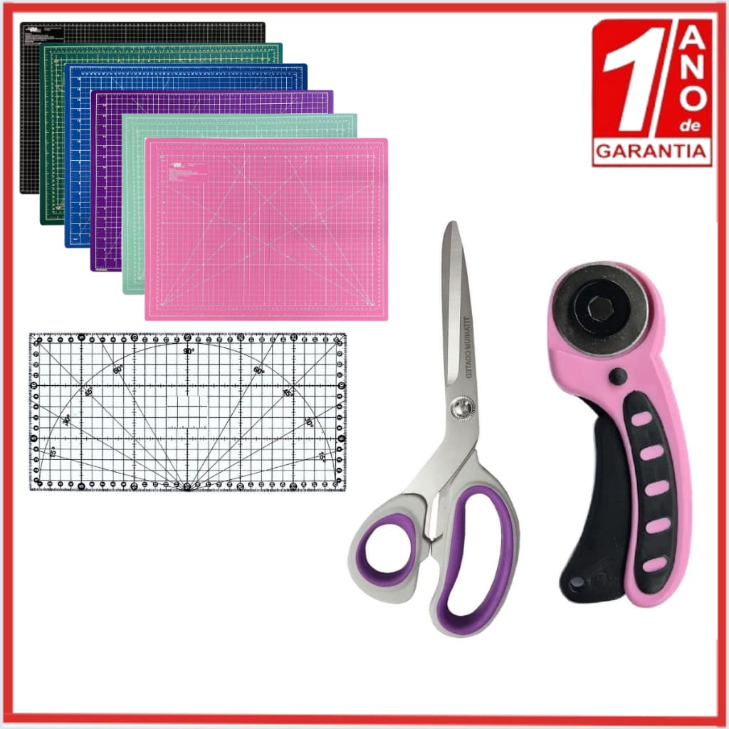 Kit Patchwork Base 22x30, 30x45, 60x45 ,90x60cm + Cortador 45mm + Régua 30cm ou 50cm + Tesoura