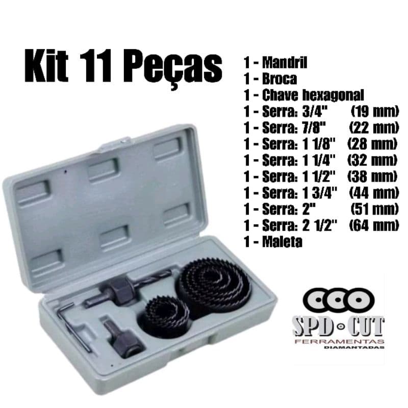 PROMOÇÃO Jogo Serra Copo para Madeira, Gesso, PVC 11 Peças + Estojo