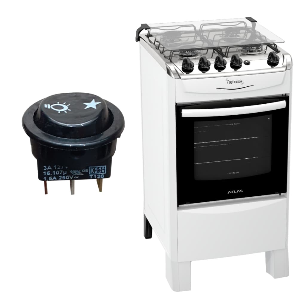 Botão Interruptor  LUZ E IGNIÇÃO Fogão Atlas Fastcook 4 Bc Inox 100% Original