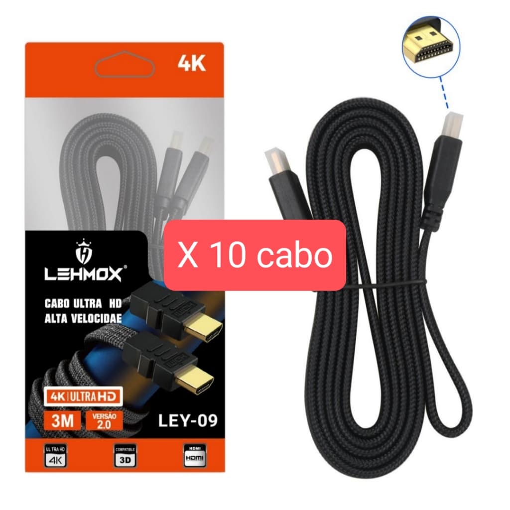 kit 10/6 Cabo Hdmi 3 metros 4k Ultra Hd - Lehmox/hmaston
