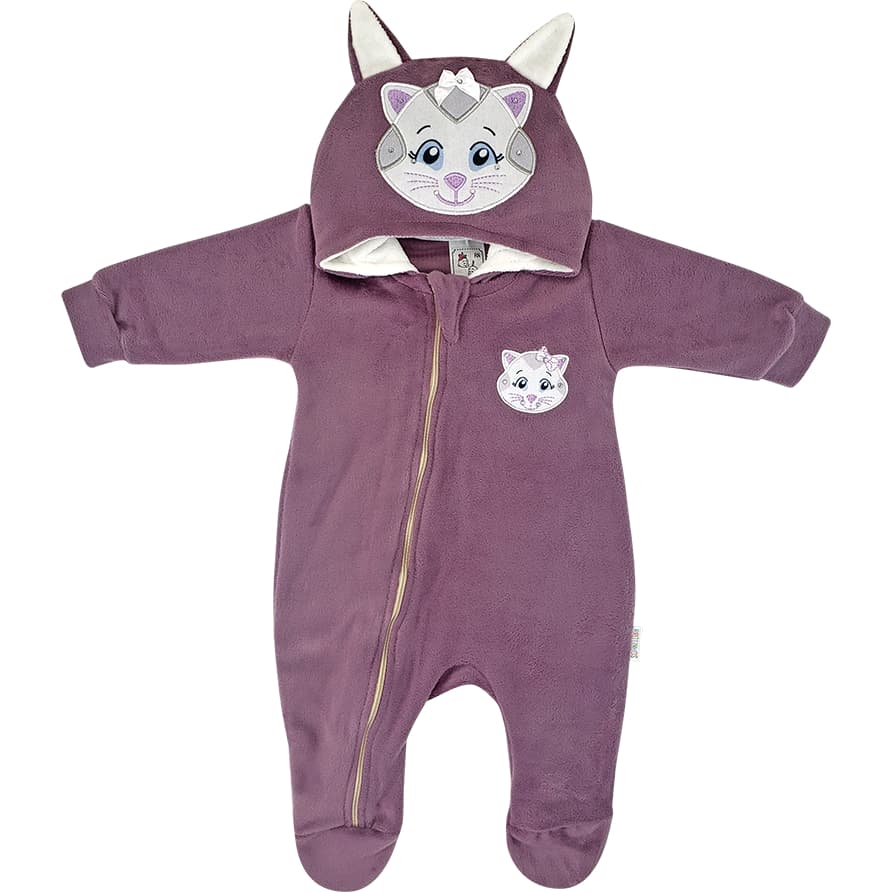 Macacão Bebê Plush Gata Orelhas Capuz Bichinhos Menina Zíper
