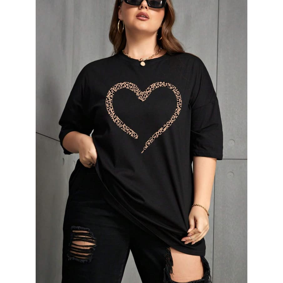 Camiseta  Plus Size Estampa Coração Onça Oversized Manga Curta Feminino Amor Life Style Manga 3/4 Streetwear Feminino