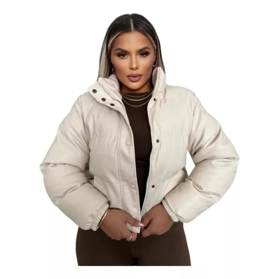 Jaqueta Couro Puffer Cropped Feminina Curta Forrada Luxo
