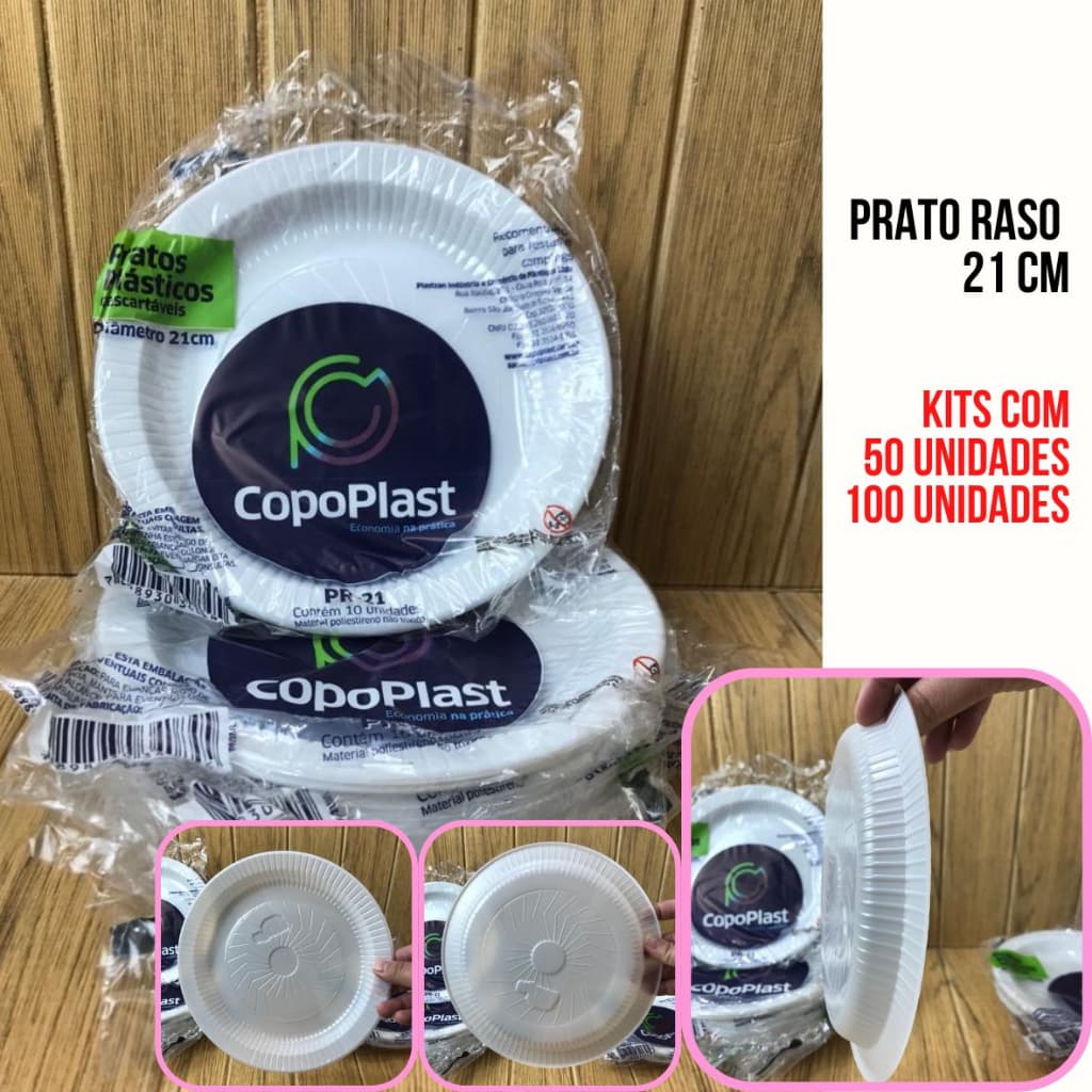 Prato Descartável Refeição 21 cm Raso - Kits 100 e 50 unidades