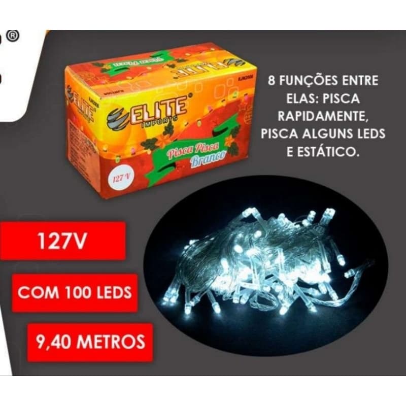 10 Caixa de Pisca Pisca de Natal 100 Leds Decoração de Festa 9,4 Metros 110v a 127v Branca 8 Funções