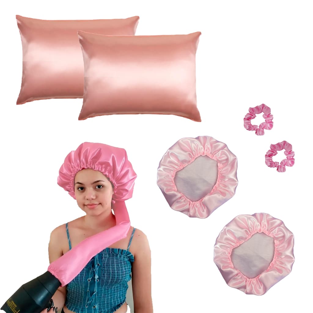 KIT CETIM: 01 Touca difusora + 02 Fronha Cetim + 02 Touca Cetim + 02 Scrunchie