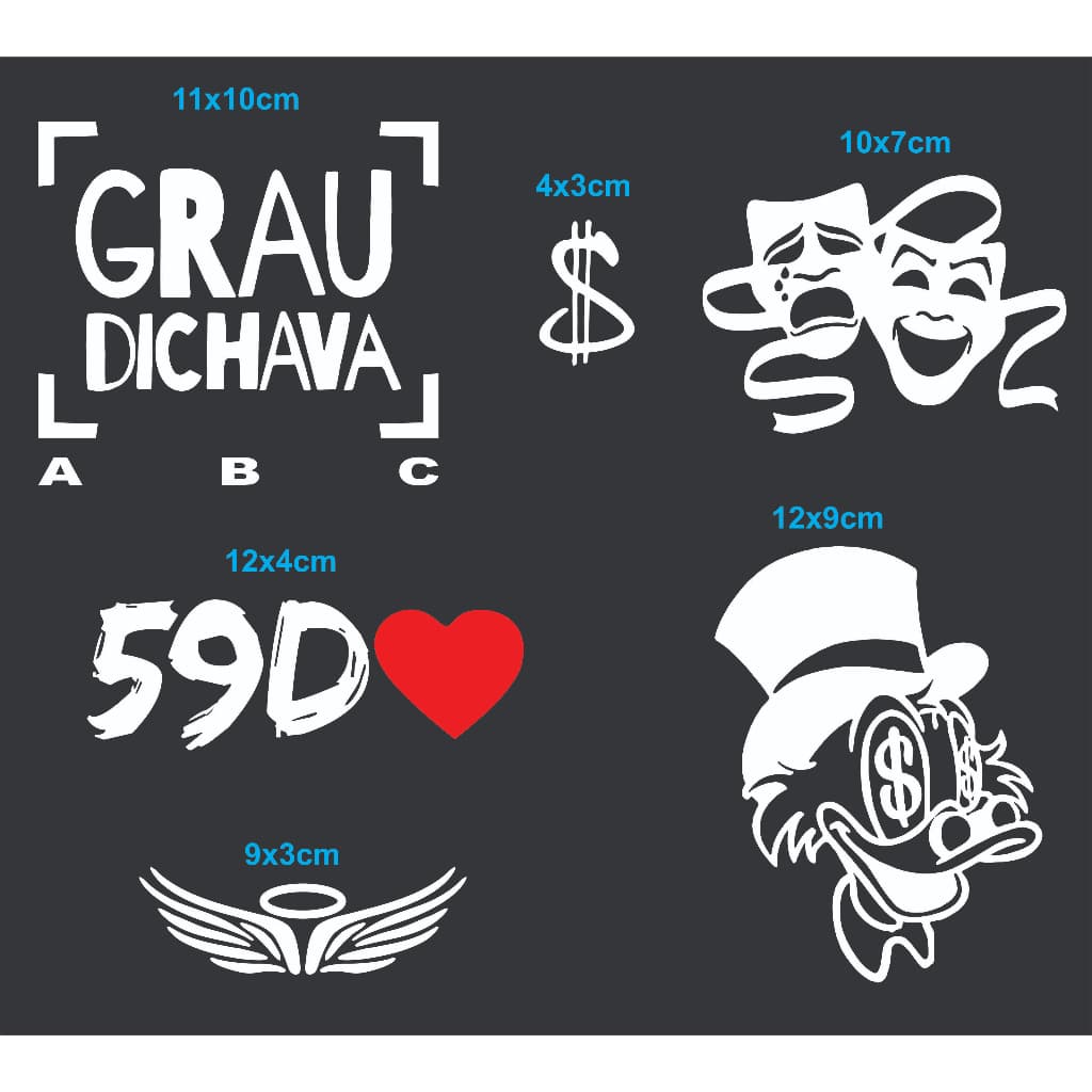 Kit 6 Adesivos GRAU DICHAVA, 59D, CHORA AGORA RIR DEPOIS, CIFRÃO, ANJO MotoO