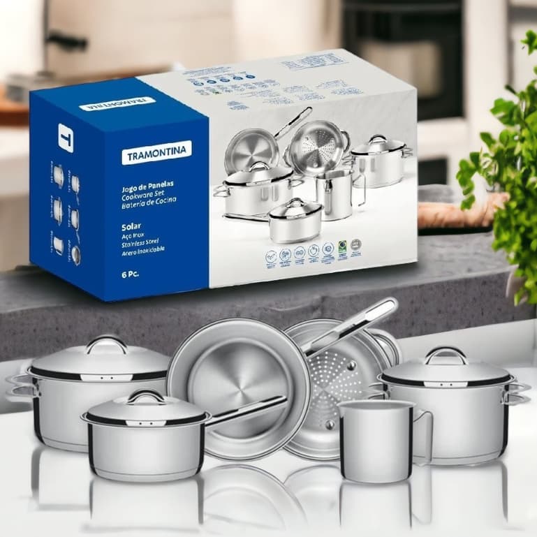 Jogo de Panelas Tramontina Solar 6 Peças Aço Inox Fundo Triplo Tampas Inoxídável Fogão Indução Gás