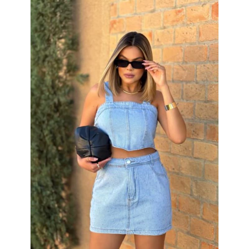 feminina jeans Roupa de 2pçs cropped com saia blusa