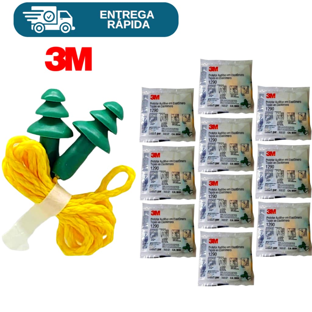 Kit 10 Protetor Auricular Auditivo Plug Em Elastômero 1290 3M Para Ouvido Abafador De Ruídos
