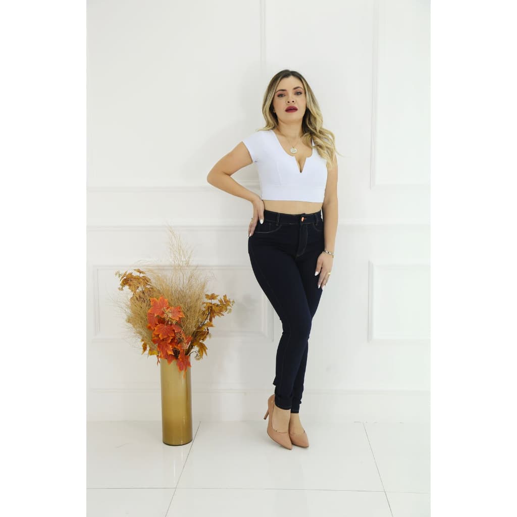 Calça jeans Skinny azul carbono cintura alta tecido Denim premium